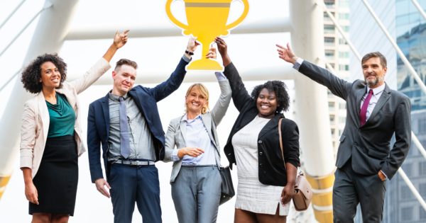 sales team trophy celebrating