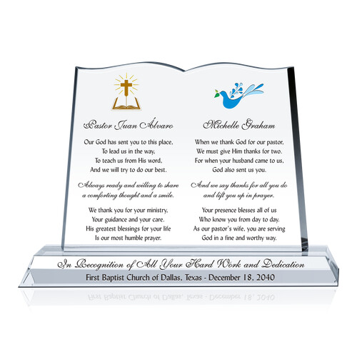 Personalized Crystal Pastor Appreciation Award Plaque for Church Leaders & Their Spouse with Sincere Appreciation
