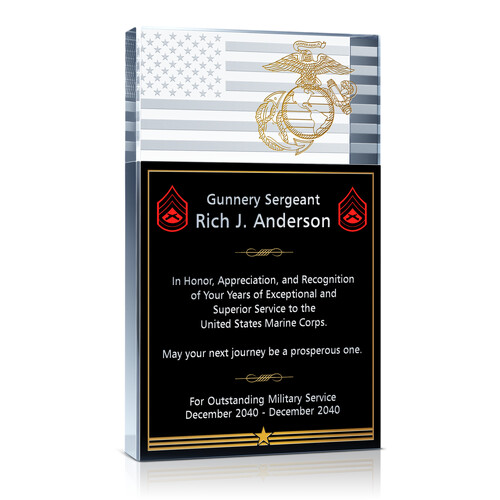 Personalized Crystal Flag Military Appreciation Plaque for Outstanding Military Service with Branch Seal & Rank Insignia