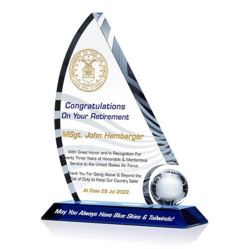 Personalized Crystal Sailboat USAF Retirement Award Plaque for Commendable Air Force Service with Air Force Seal