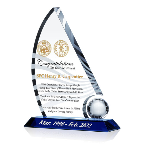 Personalized Crystal Sailboat Military Retirement Award Plaque for Meritorious Service to the US Armed Forces with Military Seals