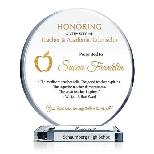 Crystal Circular Shaped Appreciation Award Plaque for Teacher, Principal, Superintendent, School Counselor