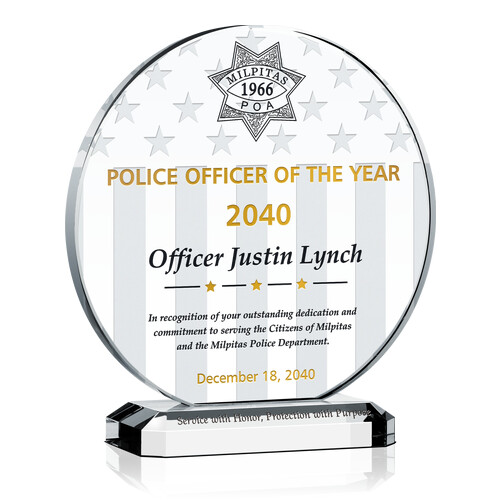Personalized Crystal Circle Police Recognition Award Plaque for Officer of the Year with Department Seal