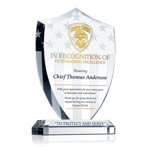 Personalized Crystal Shield Police Recognition Award Plaque for Dedicated Officers with Police Patch