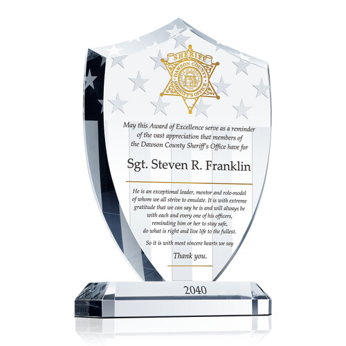 Handmade Crystal Shield Police Recognition Award Plaque for That Special Leader with Sincere Appreciation