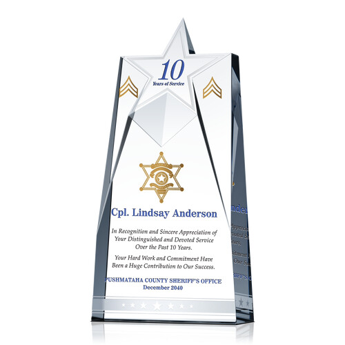 Personalized Crystal Shining Star Recognition Award Plaque for Dedicated Police Service with Sheriff Department Seal