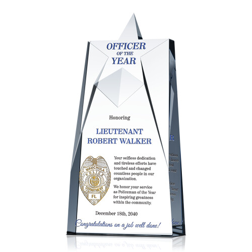Personalized Crystal Shining Star Police Recognition Award Plaque for Officers of the Year with Customized Police Badge