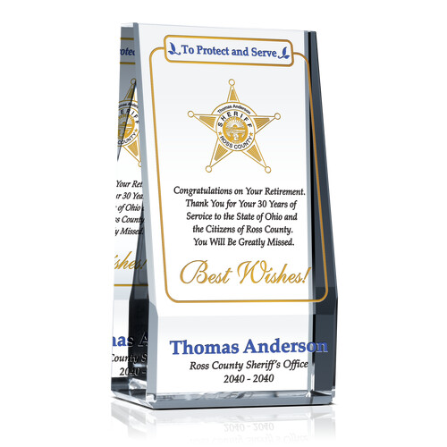 Personalized Crystal Wedge Retirement Award Plaque for Dedicated Police Officers and Deputy Sheriffs with Sheriff Department Seal