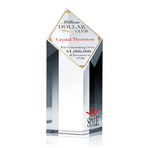 Handmade Crystal Diamond Million Dollar Club Sales Award with Sales Performance Message