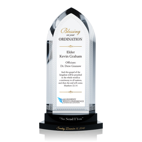 Personalized Crystal Cathedral Ordination Gift Plaque for Christian Ministers with Church Logo