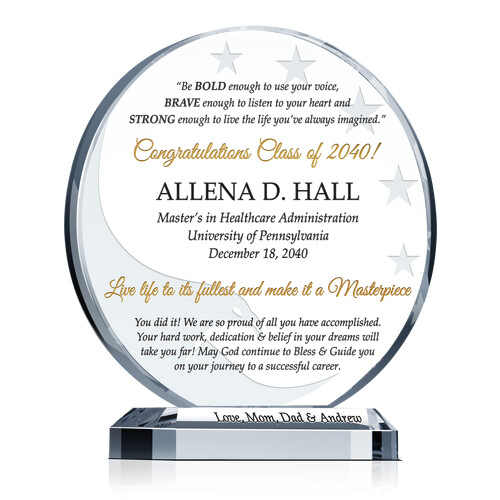 Personalized Crystal Circle Graduation Gift Plaque for Recent College/Master/Doctor Graduates with School Seal/Degree Details