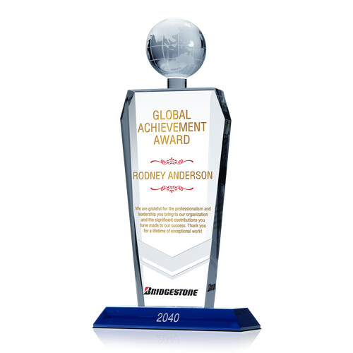 Crystal Global Achievement Award Customized with Recognition Message and Company Logo