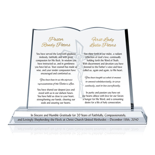 Customized Crystal Bible Anniversary Gift Plaque to Pastor & Wife for Faithful Ministries