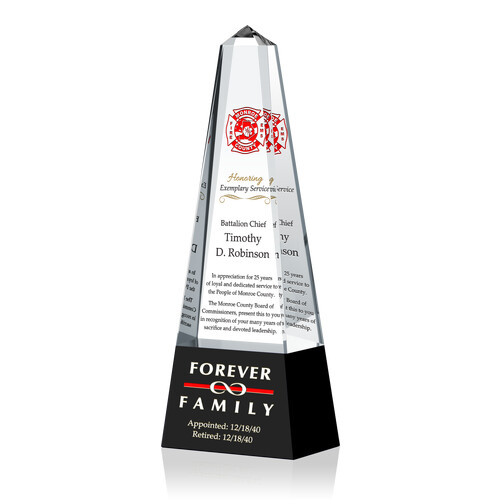 Personalized Crystal Obelisk Firefighter Retirement Gift Plaque for Retiring Firefighters, Fire Chiefs, Commissioners with Fire Dept Logo