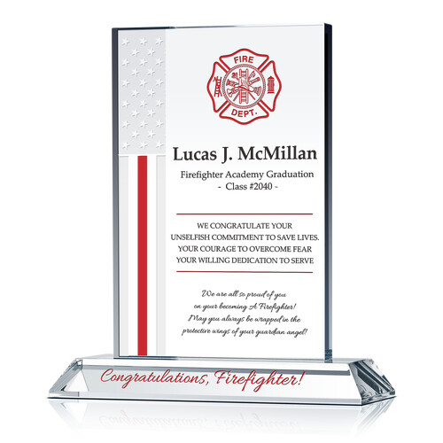 Personalized Crystal Fire Academy Graduation Gift Plaque for New Recruits & Probationary Firefighters with Fire Dept Logo