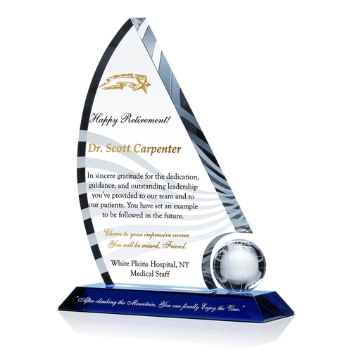 Customized Crystal Sailboat Retirement Gift Plaque for Medical Doctors & Physicians with Best Wishes on Retirement