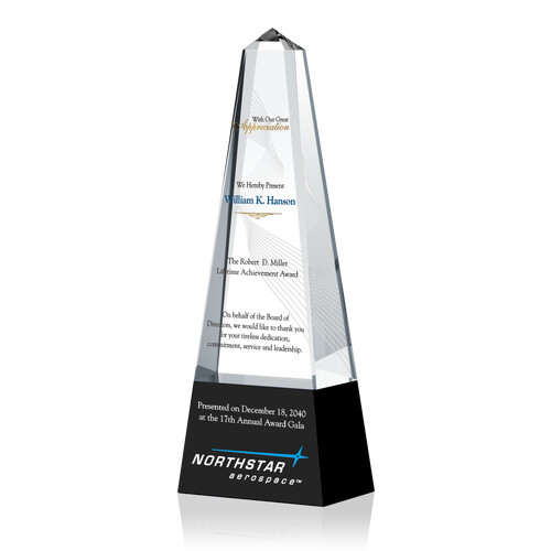 Customized Crystal Obelisk Lifetime Achievement  Award Plaque for Organization Leaders with Recognition Messages