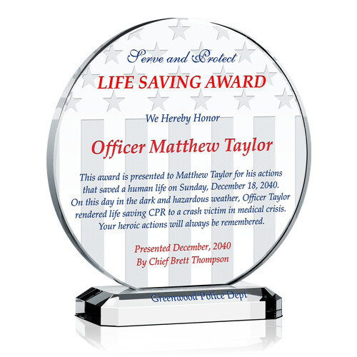 Personalized Crystal Circle Life Saving Award Plaque for Our True Heroes 