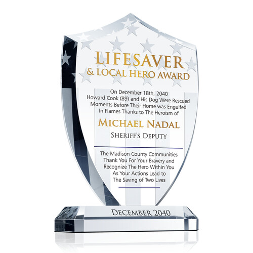 Personalized Crystal Shield Life Saving Award Plaque for Our Local Heroes 