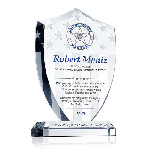 Personalized Crystal Shield Retirement Award Plaque for US Marshal Services Agents with Program Motto & Seal