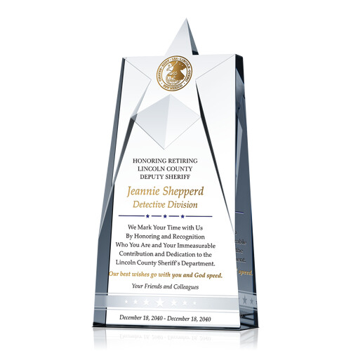 Personalized Crystal Shining Star Retirement Award Plaque for Police Officers & Deuty Sheriffs with Best Wishes