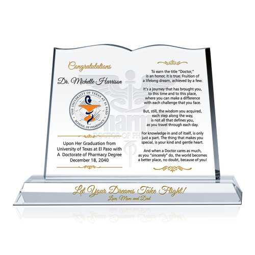 Personalized Crystal Book Shaped Graduation Gift Plaque for Recent Graduate Pharmacy Doctors with Medical Caduceus Symbol Background