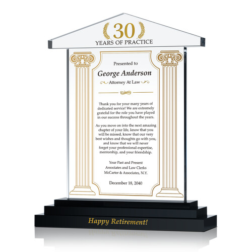 Personalized Crystal Lawyer Retirement Gift Plaque for Retiring Attorneys & Law Firm Staff with Best Wishes