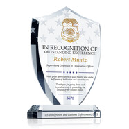 Personalized Shield Shaped Crystal Retirement Gift Plaque for DHS Officers